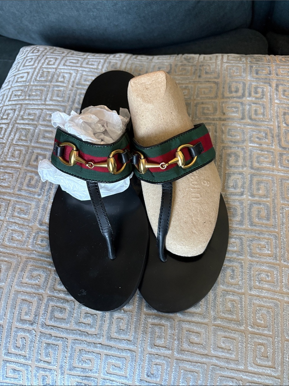 Gucci Black Thong Sandals with Green and Red Webbing and Gold Hardware